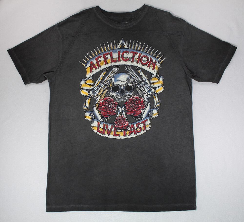 Affliction Black Distressed Live Fast World Tour 1973 Graphic Shirt Mens XXL